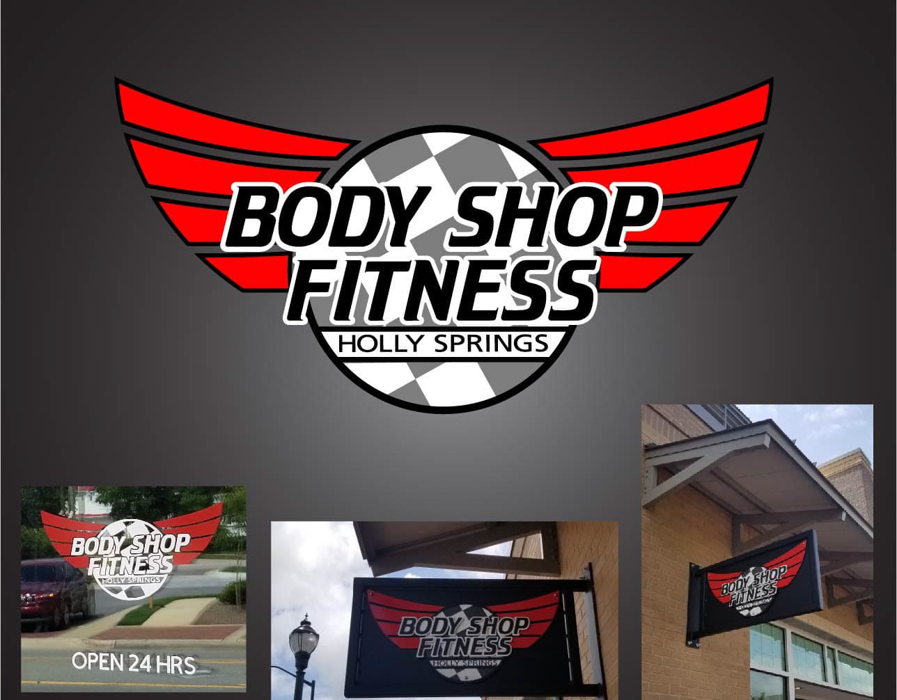 Body Shop Fitness Holly Springs identity shown on exterior signage and storefront applications.