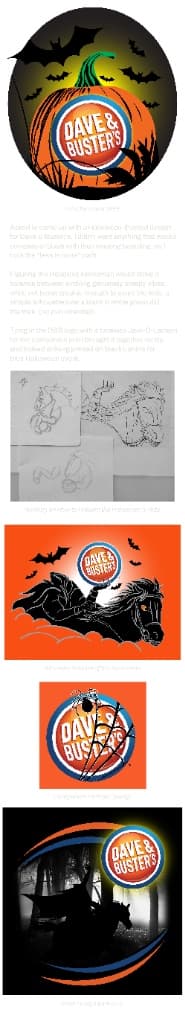 EkoSketch case-study sheet for Dave & Buster's Halloween event showing Jack-O-Lantern shirt print, horseman sketches, alternate version, spiderweb mark, and final design.