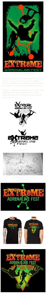EkoSketch case-study sheet showing Extreme Adrenaline Fest poster, concepts, athlete sketches, final logo, and T-shirt designs.
