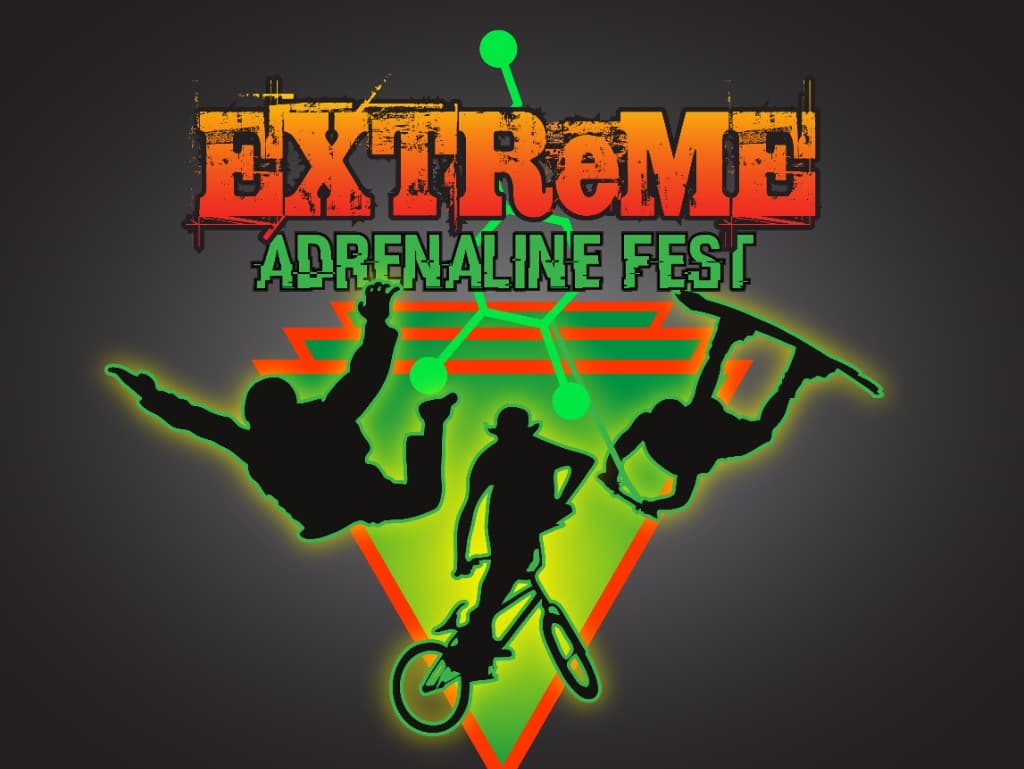 Extreme Adrenaline Fest event identity and apparel graphic featuring athlete silhouettes and molecular structure.
